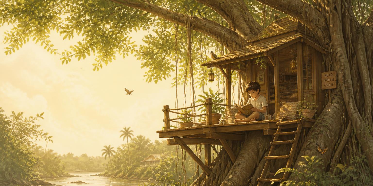 A boy reading a book in a sunny treehouse